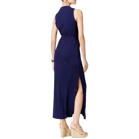 NWTGS Carmen Marc Valvo Navy Snap Front JERSEY KNIT Maxi Dress SZ L - Picture 2 of 4